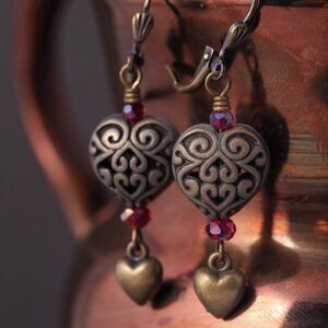 Antiqued Brass Filigree Heart Earrings